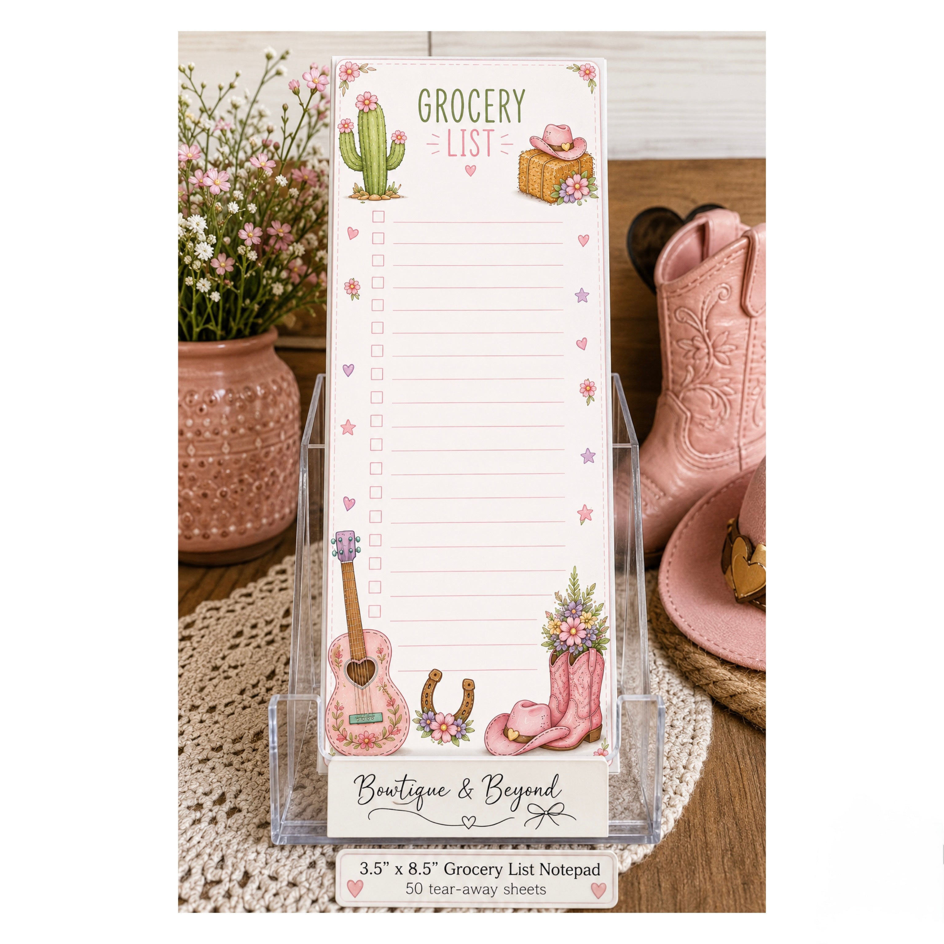 Pink Boots & Groceries List Notepad